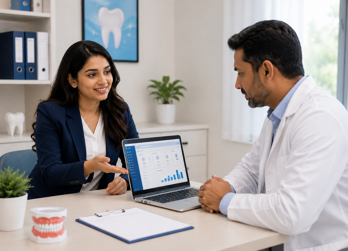 Dental clinic consultant showing the ERP4Dentist dashboard to a dentist