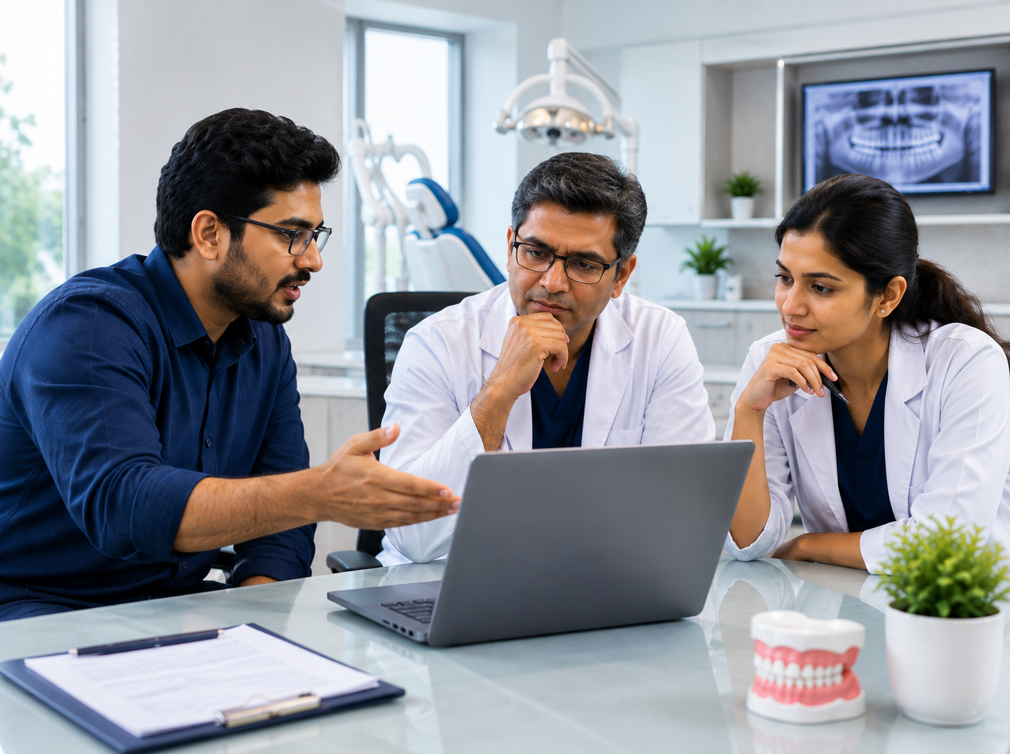 Dentists reviewing ERP4Dentist software on a laptop