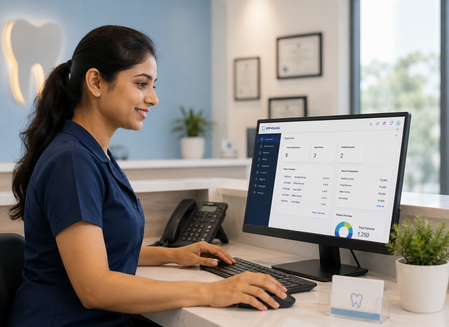 Clinic receptionist using the ERP4Dentist dashboard