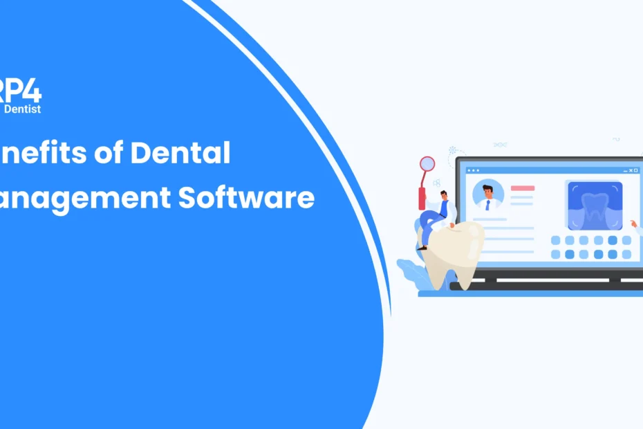 Dental professionals viewing patient records and clinic data on dental management software dashboard.