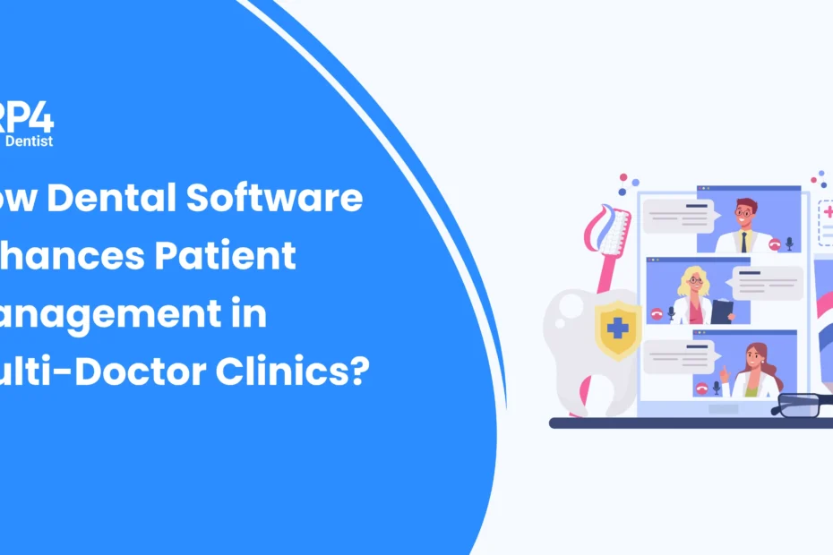 Multiple dentists accessing shared patient records through centralized dental management software.