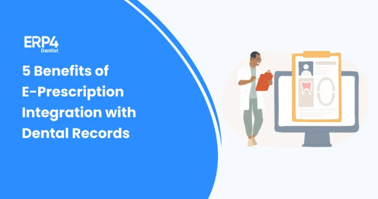 Illustration showing a dentist reviewing digital dental records and e-prescriptions on a computer, highlighting the benefits of integrating e-prescription systems with dental records.