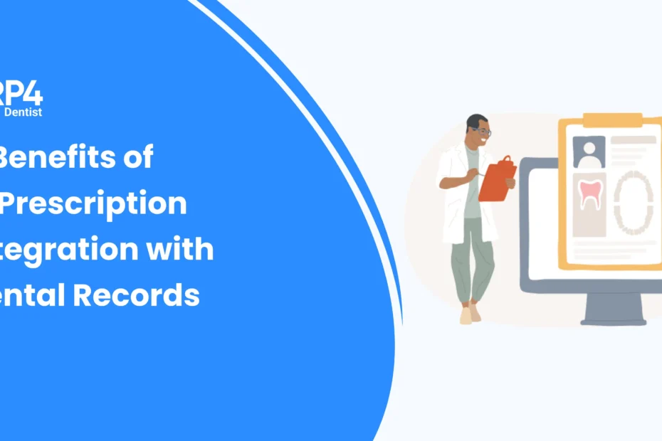 Illustration showing a dentist reviewing digital dental records and e-prescriptions on a computer, highlighting the benefits of integrating e-prescription systems with dental records.