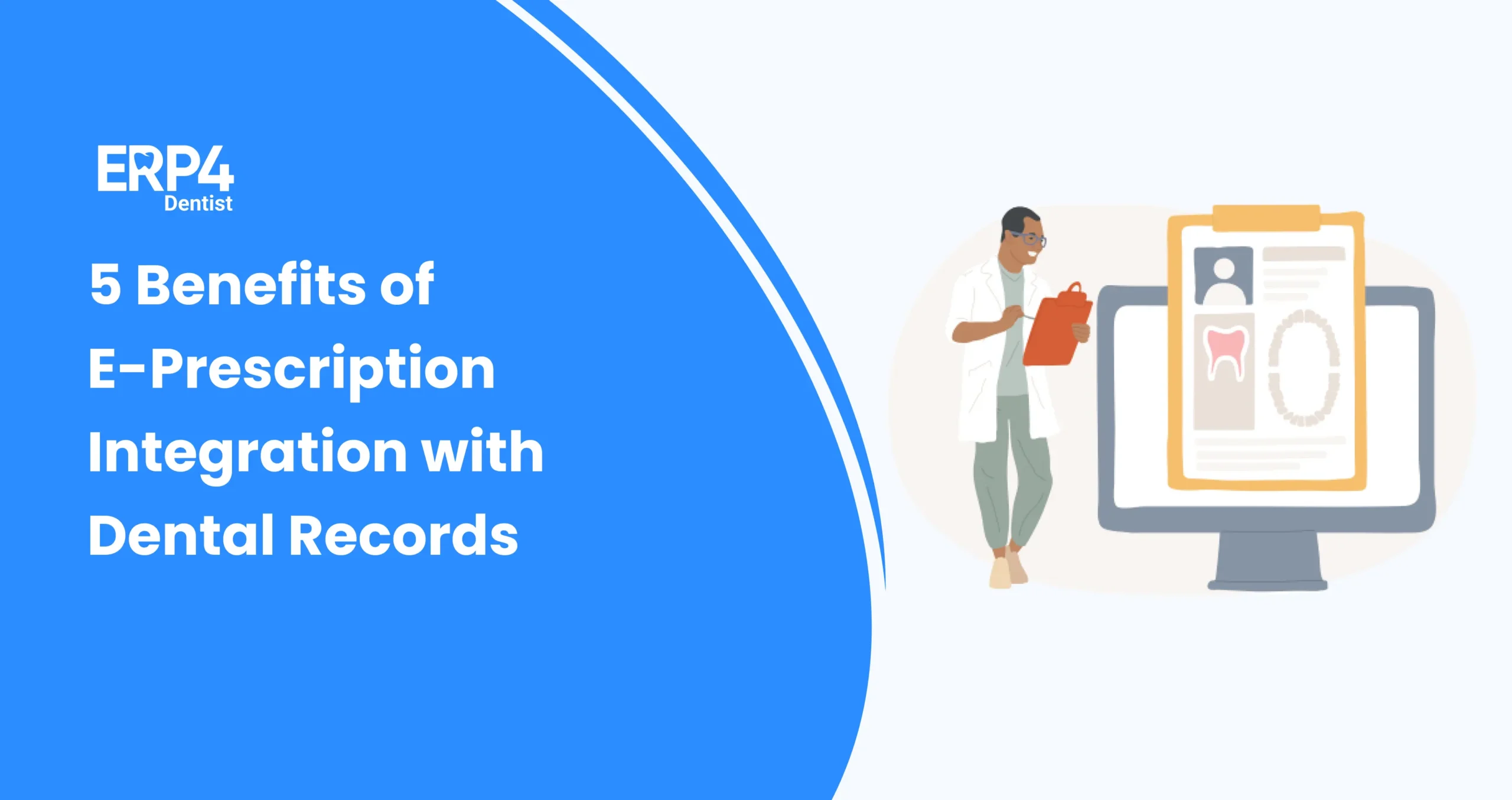 Illustration showing a dentist reviewing digital dental records and e-prescriptions on a computer, highlighting the benefits of integrating e-prescription systems with dental records.