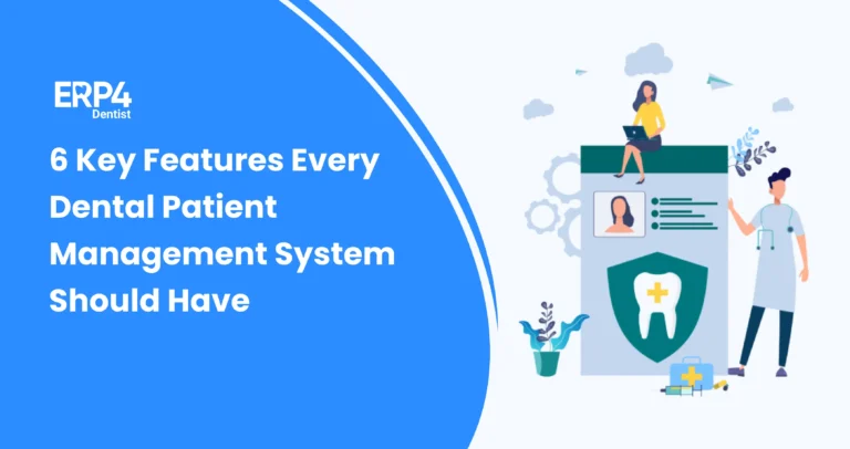 Illustration depicting a dental patient management system interface with patient profiles, security icons, and dental symbols, representing essential software features.