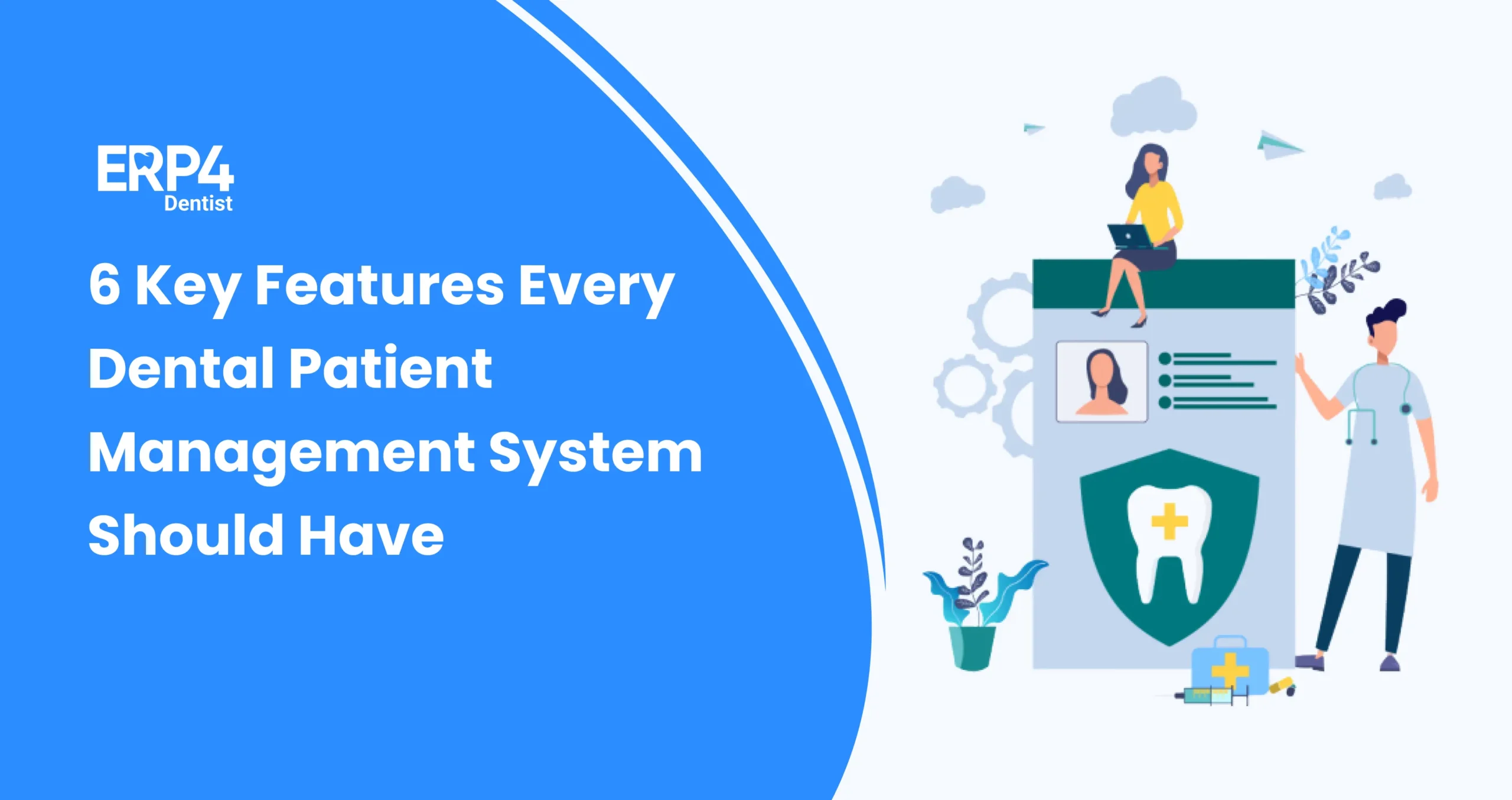 Illustration depicting a dental patient management system interface with patient profiles, security icons, and dental symbols, representing essential software features.