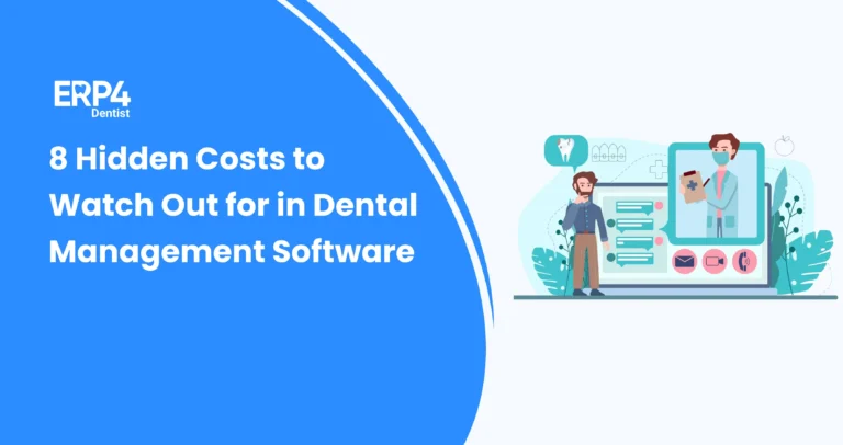 Illustration showing a dental software interface with cost and communication icons, representing hidden costs associated with dental management software.