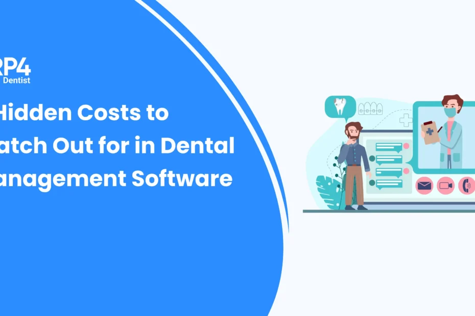 Illustration showing a dental software interface with cost and communication icons, representing hidden costs associated with dental management software.