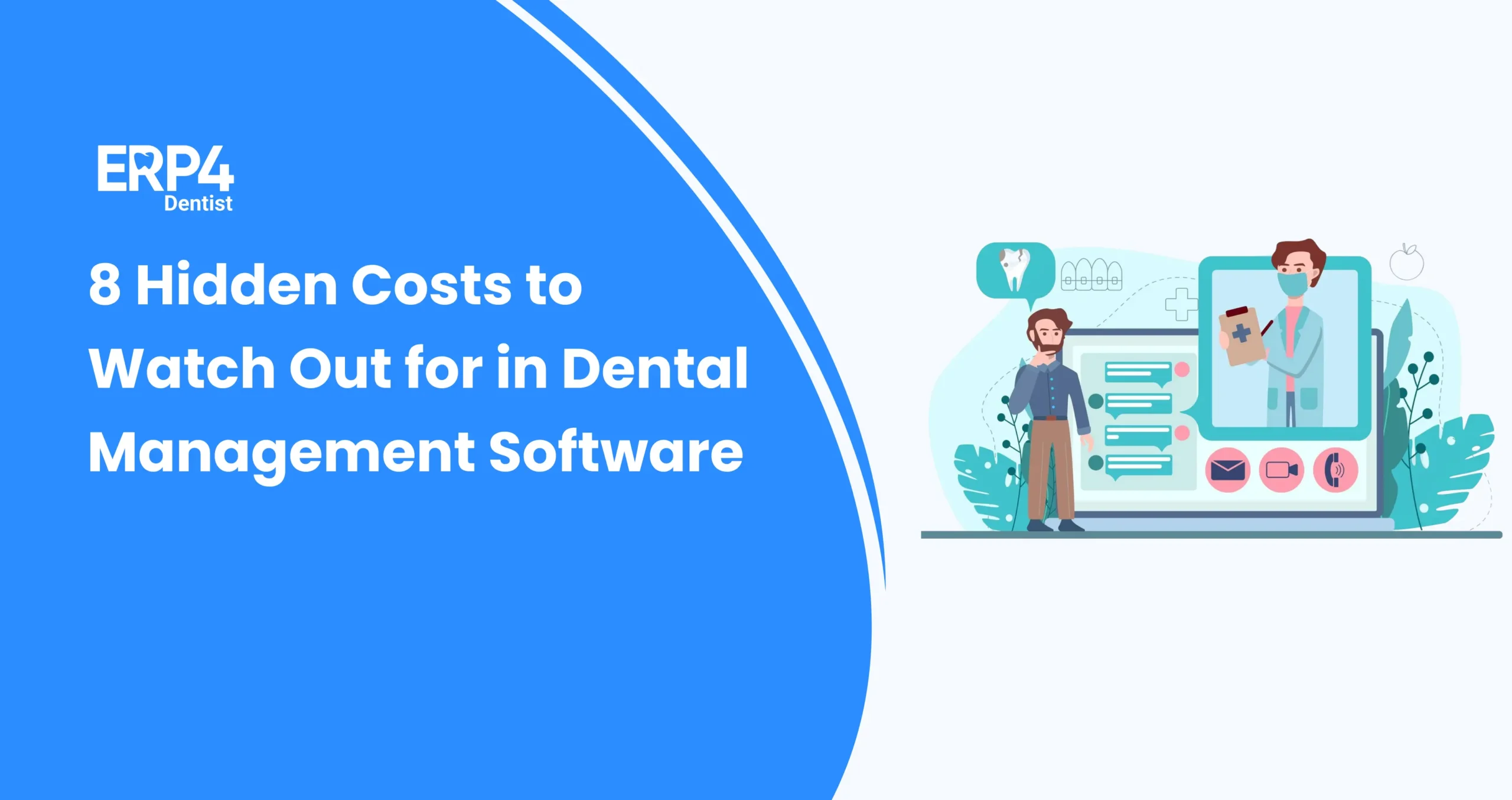 Illustration showing a dental software interface with cost and communication icons, representing hidden costs associated with dental management software.