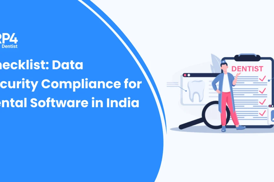 Checklist illustrating data security and compliance requirements for dental software in India.