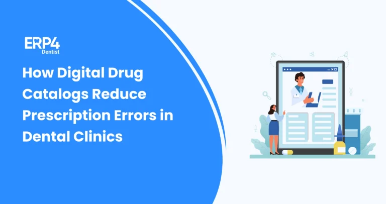 Dentist selecting medications from a digital drug catalog integrated with dental software.