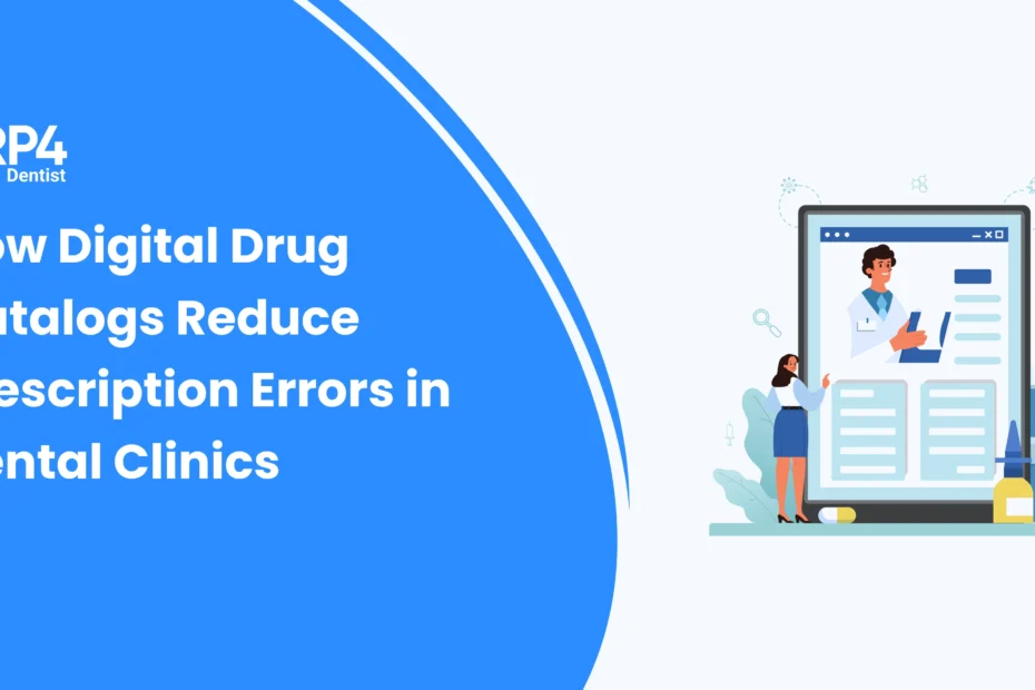 Dentist selecting medications from a digital drug catalog integrated with dental software.