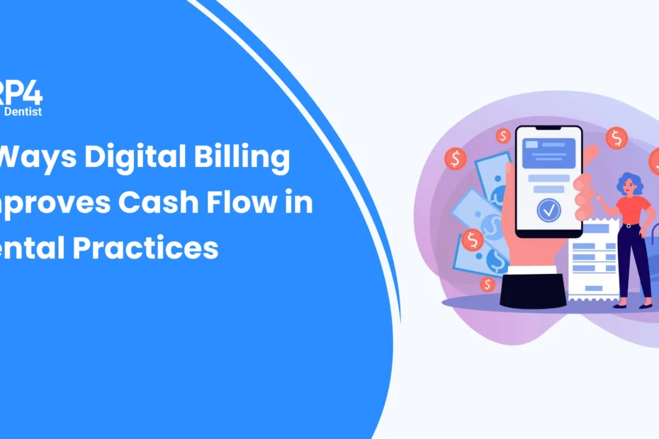 Illustration of a mobile phone displaying digital billing and payment confirmation, representing how digital billing improves cash flow in dental practices.
