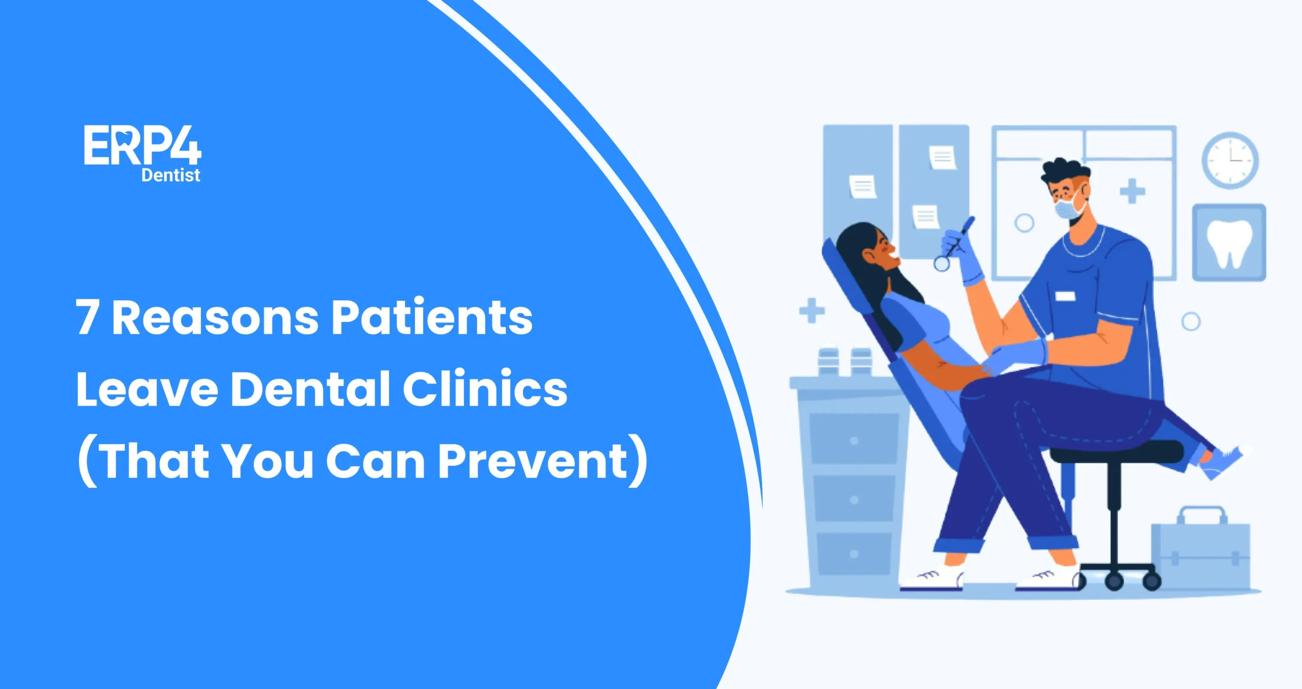 Illustration of a dentist treating a patient in a modern clinic setting, symbolizing patient experience factors that influence patient retention in dental clinics.