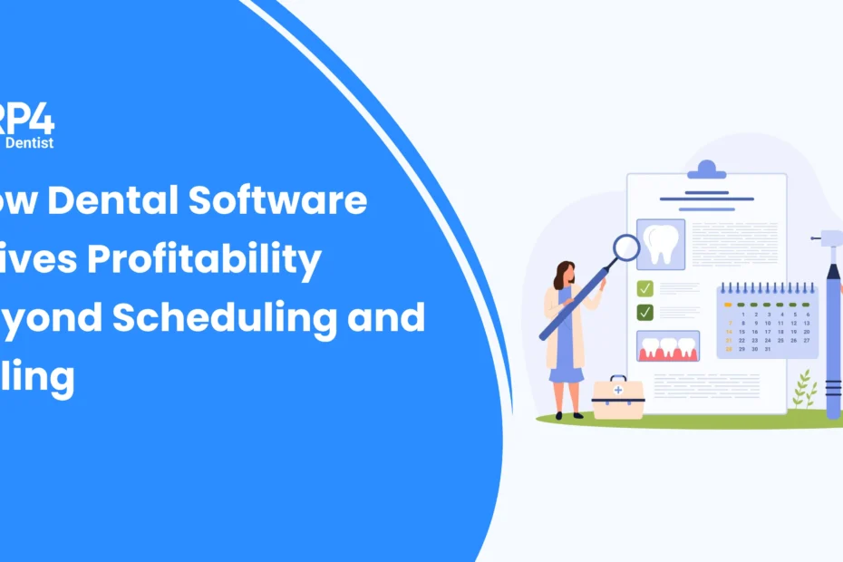 Dental clinic dashboard displaying revenue insights and profitability metrics powered by dental software.