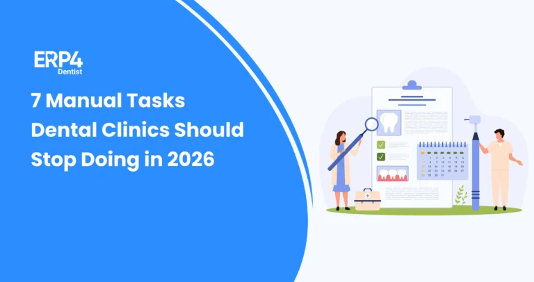 Illustration showing dentists and staff replacing manual clinic tasks with digital dental software workflows.