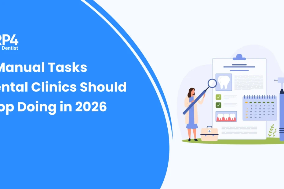 Illustration showing dentists and staff replacing manual clinic tasks with digital dental software workflows.