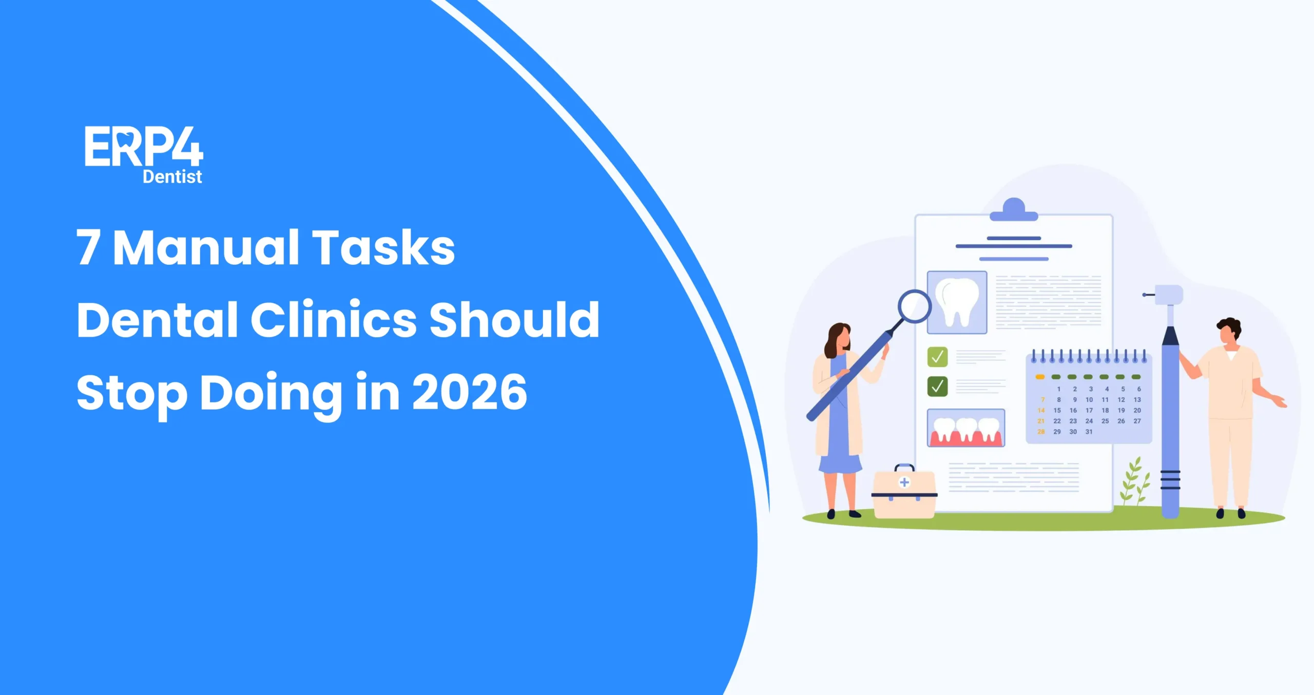 Illustration showing dentists and staff replacing manual clinic tasks with digital dental software workflows.