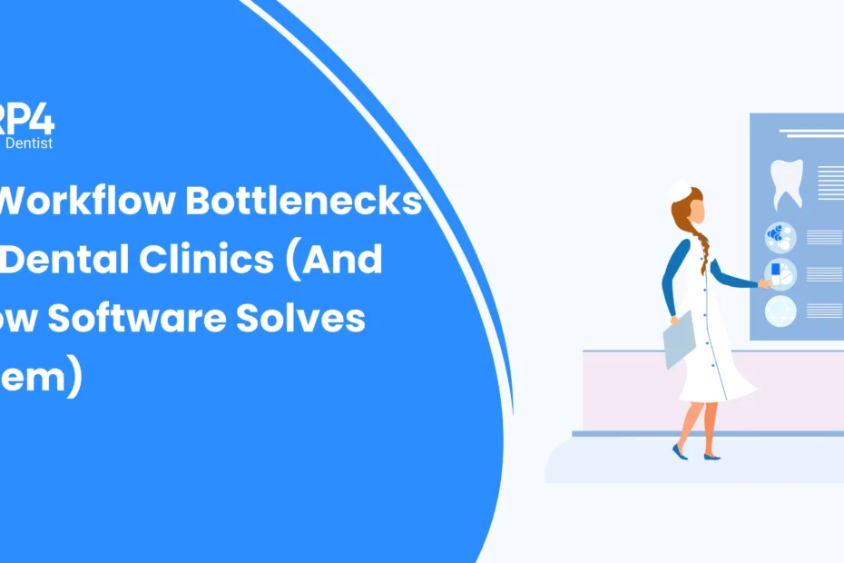 Illustration of a dentist interacting with a digital dental workflow dashboard, showing how dental software helps eliminate workflow bottlenecks in clinics.