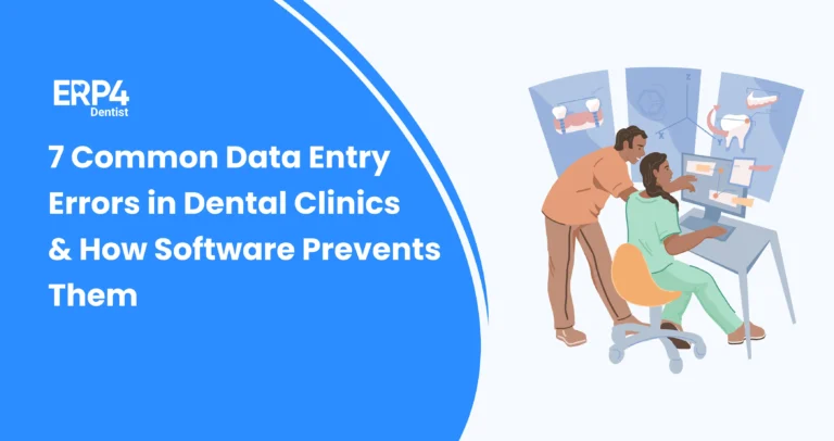 Illustration showing dental staff entering patient data into software with alerts and validation checks, highlighting how dental software prevents data entry errors.