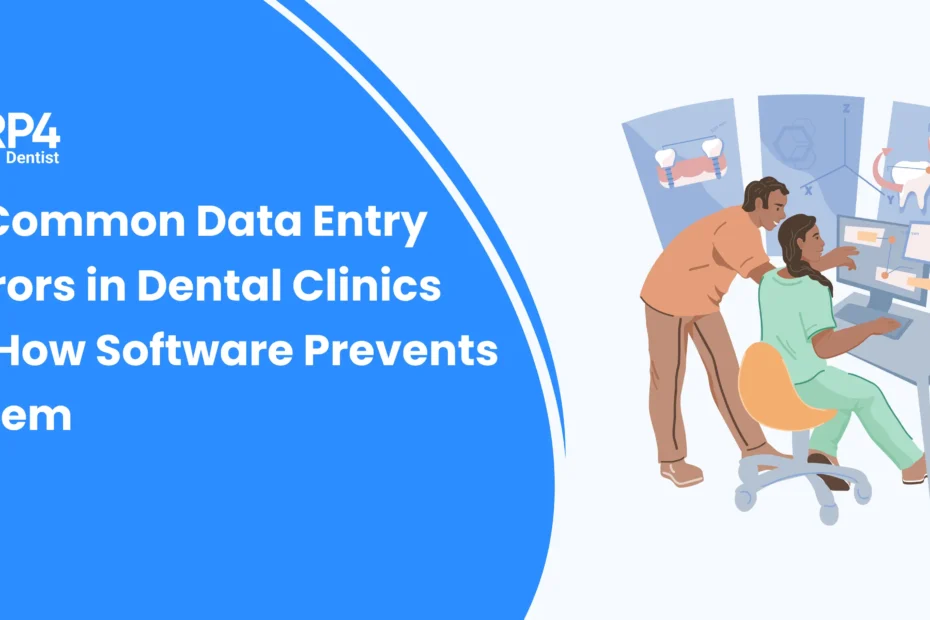 Illustration showing dental staff entering patient data into software with alerts and validation checks, highlighting how dental software prevents data entry errors.