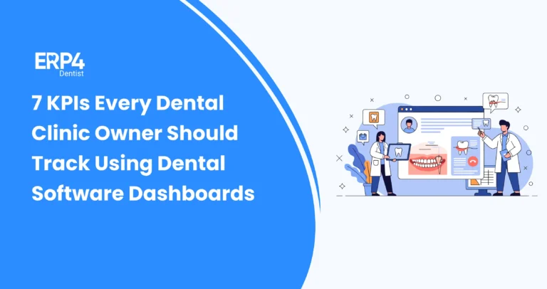 Illustration of dentists analyzing KPI dashboards on a digital screen, representing key performance indicators tracked using dental software dashboards.