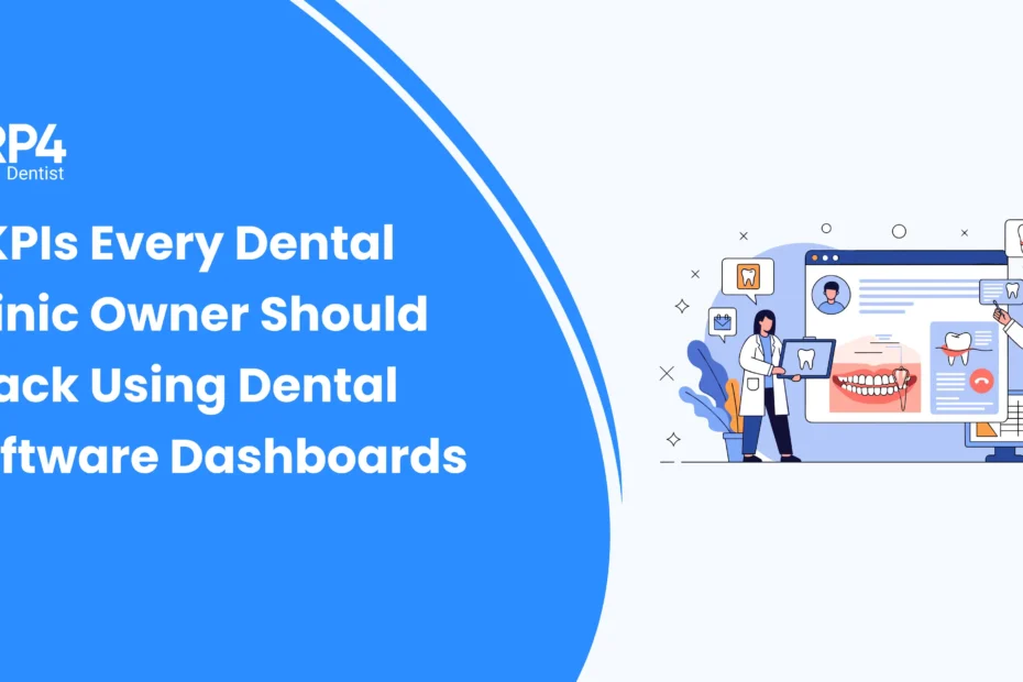 Illustration of dentists analyzing KPI dashboards on a digital screen, representing key performance indicators tracked using dental software dashboards.
