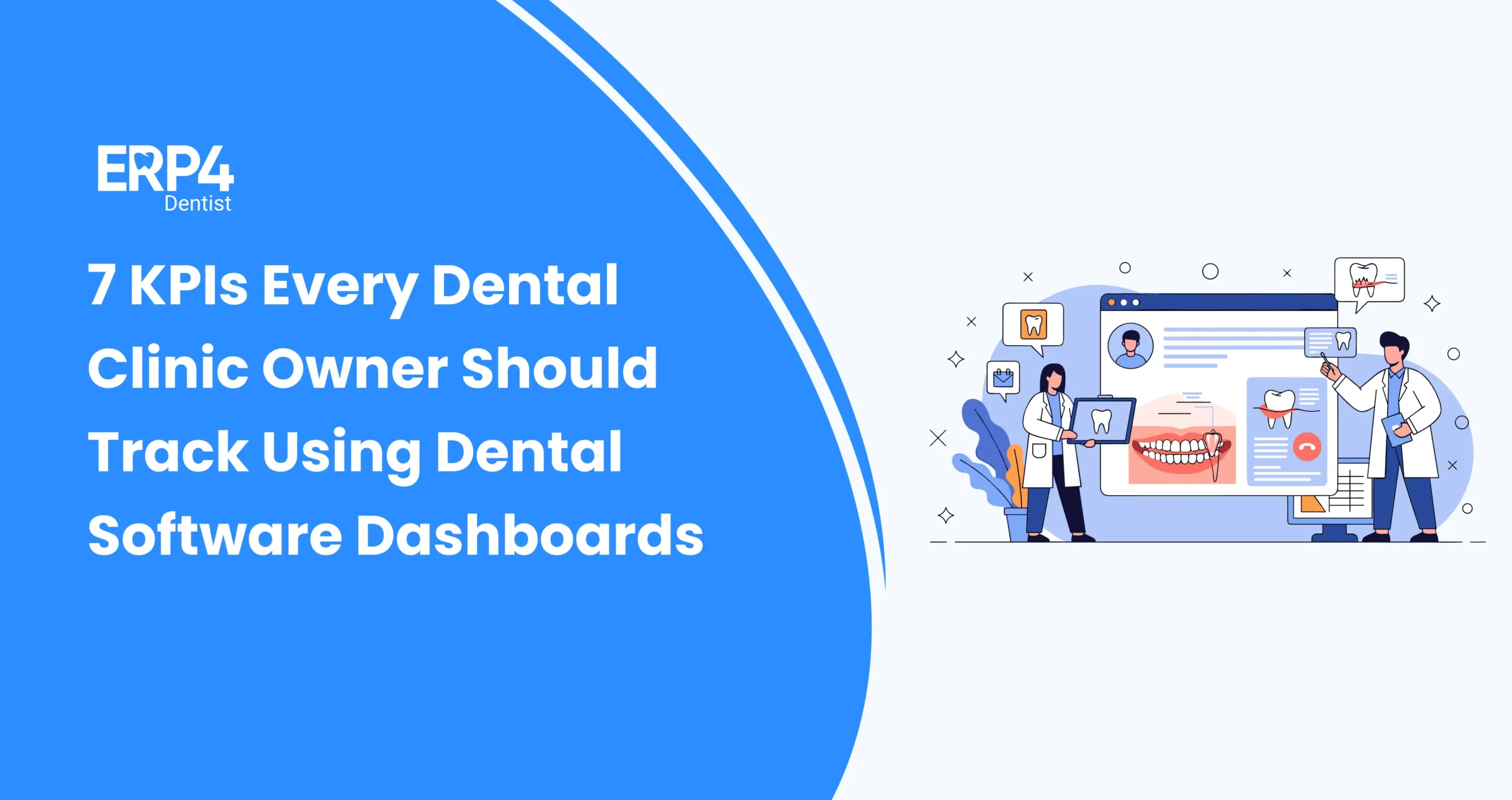 Illustration of dentists analyzing KPI dashboards on a digital screen, representing key performance indicators tracked using dental software dashboards.
