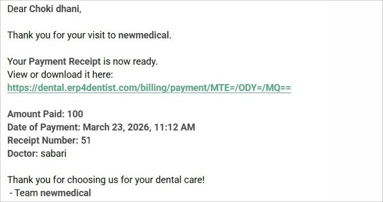 Link to view payment receipts for dental clinics